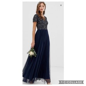 Maya Bridesmaid V Neck Maxi Tulle Sequin Dress